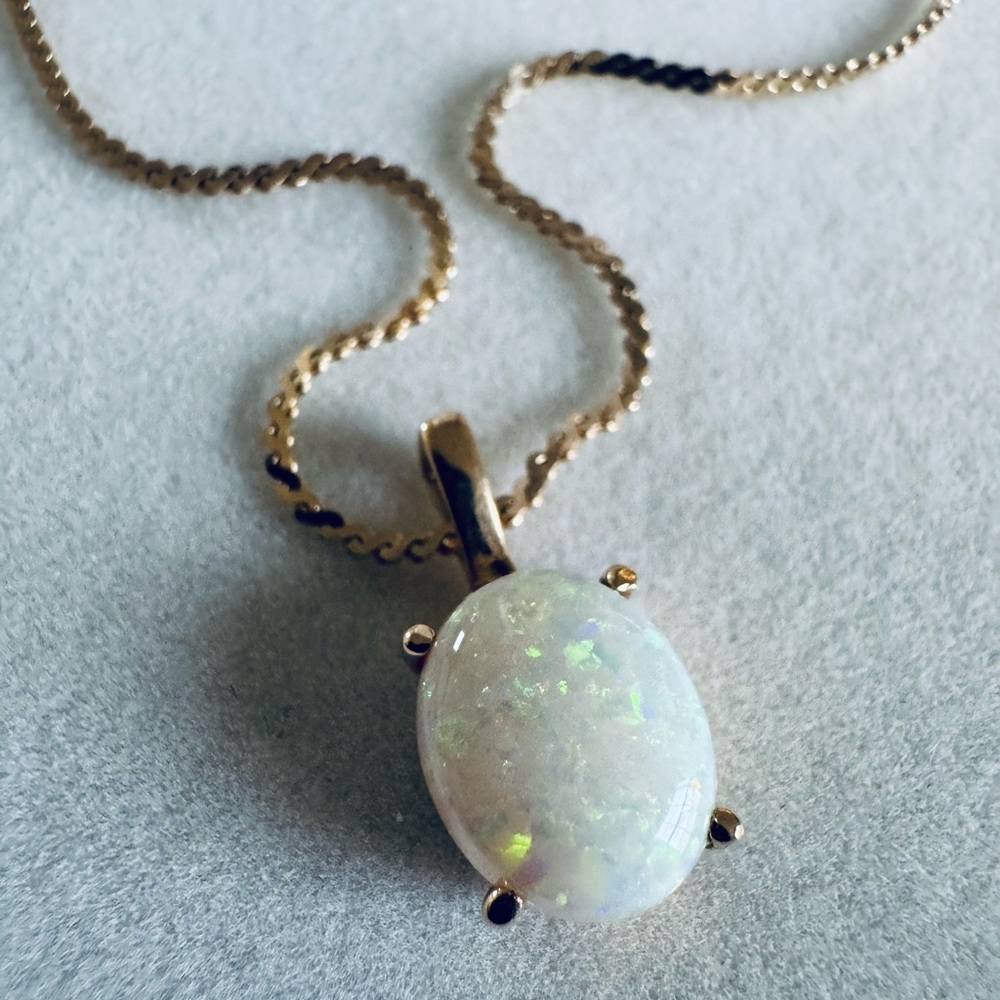 Vintage Opal 14K Jewelry Set Necklace Pendant Ring Earrings Oval Cabochon - Picture 2 of 6